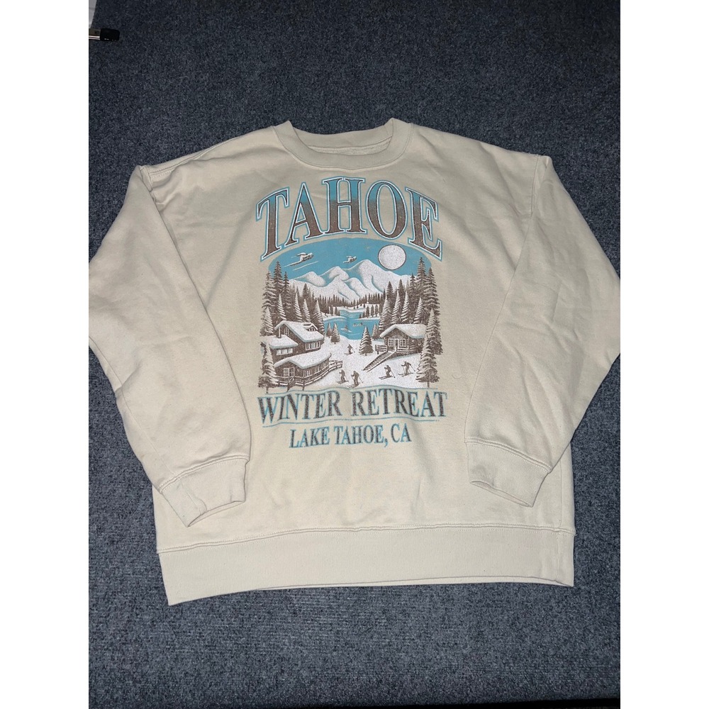 State of Mine Tahoe Winter Retreat Graphic Sweatshirt Beige Medium Crewneck